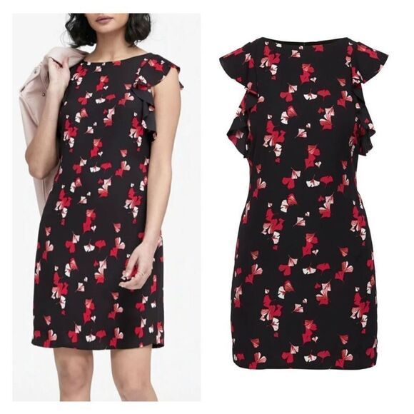 Banana Republic Floral Print Flutter Sleeve Shift Dress Black Red Size 0 XS - Picture 2 of 13